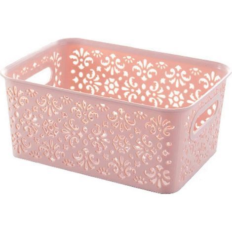 Boîte de rangement empilable en plastique ajouré, motif rétro délicat, panier de rangement avec couvercle pour vêtements, cosmétiques, papiers et jouets - Petite taille (rose)-24.00X17.00X10.50CM-Pink (1/3)