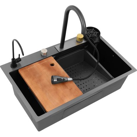 Évier de cuisine, double cuve, robinet escamotable, Gris canon (1/2)