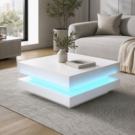 Tavolino basso quadrato 70 x 70 x 36 cm con striscia LED Bluetooth, bianco HAVRYA (1/5)