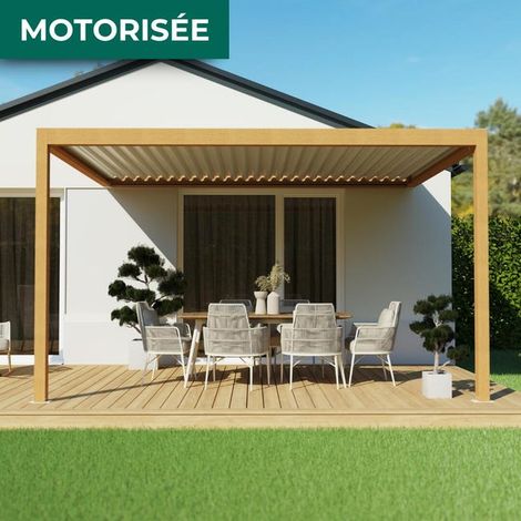 Pergola Bioclimatique Adossée Motorisée Éclairée Aluminium 4x3 Aspect Bois SV ORIAL France