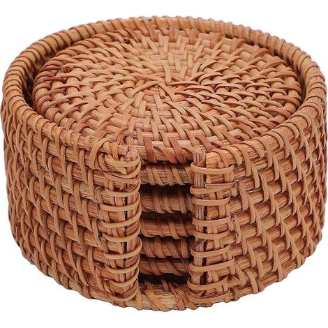 6er-Set Rattan-Untersetzer mit Halter, handgeflochten, für Tassen, Teller, Schüsseln, Töpfe, als Isolieruntersetzer, 8 cm