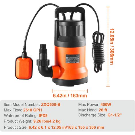 Pompe de puisard 2510 GPH – Haute performance – Submersible – Utilitaire – Câble 10 ft
