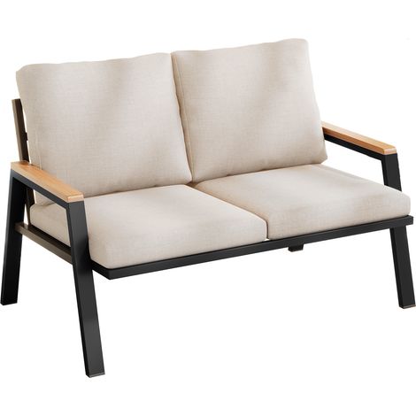 Canapé Jardin 2 Places Gris Beige – Style Industriel, Acier Galvanisé, Accoudoirs WPC Anti-Chaleur, Facile à Monter