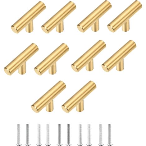 Poignées de placard 5 cm, lot de 10, tiroirs de cuisine en acier inoxydable, poignée en T pour armoires, commodes, salles de bain, garde-robe, doré (1/5)