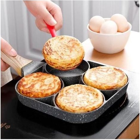Moule à gateaux,Poêle à omelette 4 trous pour œufs de Burger machine à crêpes jambon manche en bois marmite antiadhésive (1/4)