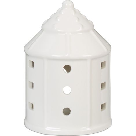 Relaxdays Casetta Portacandele in Ceramica, Casa Luminosa Porta-Tealight, per 1 Candelina, HxD: 10,5 x 7,5 cm, Bianco