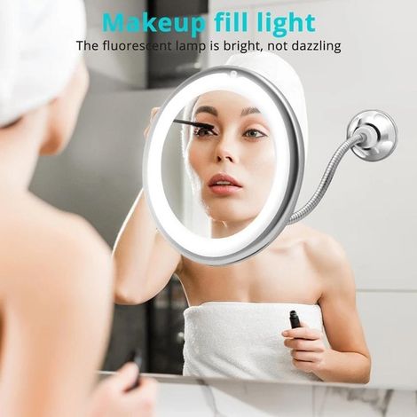 Miroir de Maquillage LED avec Ventouse, Flexible 360° Rotatif, Loupe Grossissante x10, Pliable pour Voyage et Salle de Bain, Coiffeuse, Double Face (1/5)