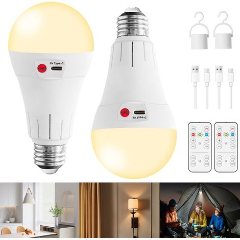 2 ampoules rechargeable avec télécommande, E26/E27, 7 W, 2000 mAh, intensité variable, minuterie, pour les coupures de courant, le camping et les urgences en extérieur.
