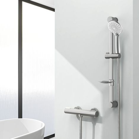 Conjunto de Ducha Barra Redondo Cromado Ducha Casa con Ducha de Mano y Estante de Jabón (1/5)