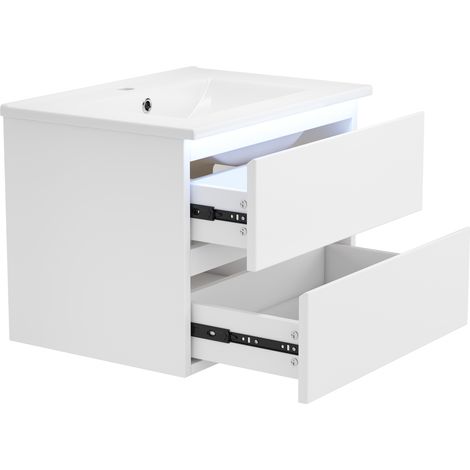CAIziMeuble vasque suspendu 61×46×45 cm, finition laquée haut de gamme, avec lampe LED à capteur radar, 2 tiroirs à glissières silencieuses, lavabo intégré, design minimaliste, blanc (1/5)
