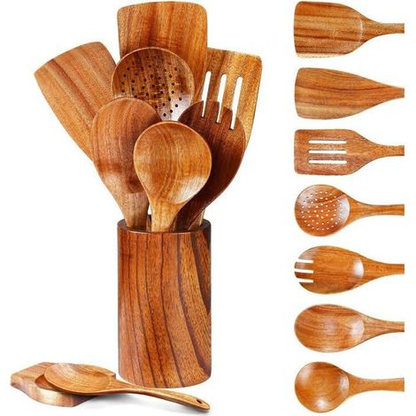 9 pièces, ustensiles cuisine bois, teck massif, résistants chaleur, sans BPA, pour poêles antiadhésives et casseroles (1/5)