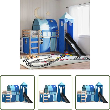 vidaXL Kinderbett - Etagenbett mit Rutsche und Gardinen Blau 80x200 cm (1/5)
