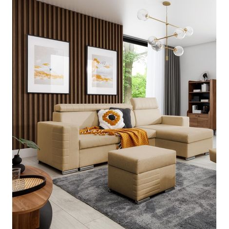 Ecksofa Schlafsofa inkl. Hocker CANTON Stoff Liverpool Beige Ottomane Rechts (1/4)