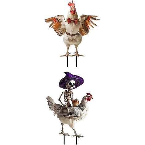 Lot de 2 décorations de jardin en métal pour Halloween : squelette chevauchant un coq, imitation ornement d'Halloween (1/5)