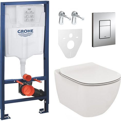 Pack WC Rapid SL GROHE + Cuvette Ideal Standard Tesi Aquablade rimless + Plaque de commande Grohe Skate Chrome