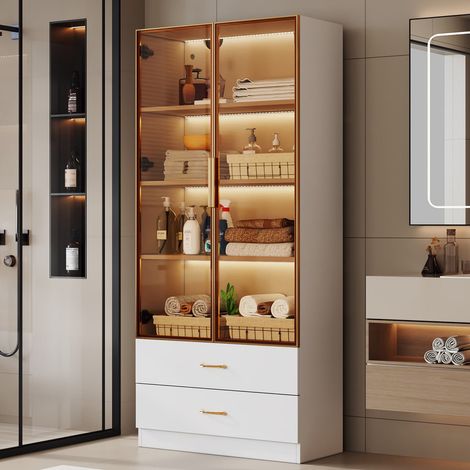 Meuble de salle de bain avec barre LED, 75 cm – 2 grandes tiroirs et 2 portes dont 1 porte vitrée – Rangement milieu de gamme (1/5)