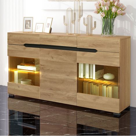 Aparador con LED (140x35x80 cm), 3 armarios y 3 cajones, puertas acrílicas, color roble (1/5)