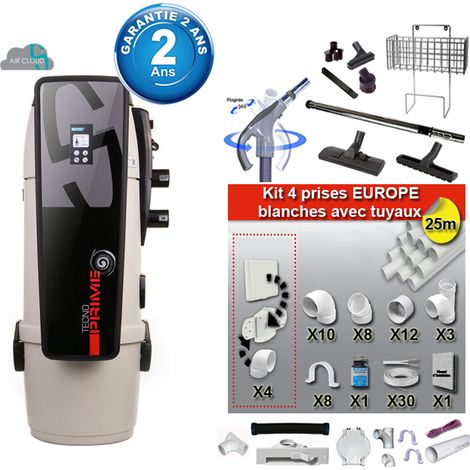 Aspiration centralisée Tecno Prime 450 (jusqu’à 450 m²), Garantie 2 ans + Set inter 9 M + 8 accessoires + kit 4 prises + kit prise balai + kit prise garage