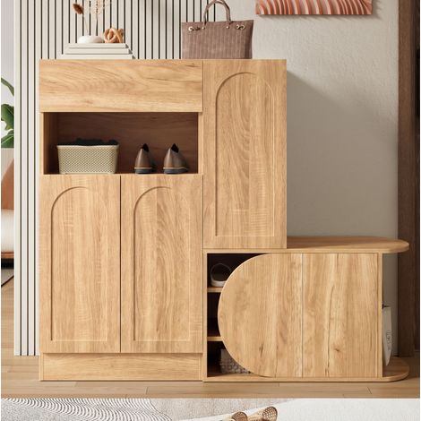 Mobile portascarpe con panca 130x35x110.5 cm, 1 cassetto, 5 ante, vano aperto, MDF, naturale (1/5)