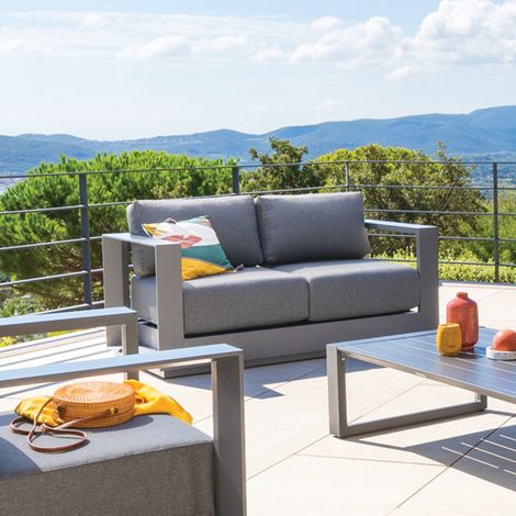 Hesperide – Canapé de jardin 2 places graphite et gris zebrano – Aluminium traité époxy – Coussins déperlant – Pieds ajustables pour stabilité