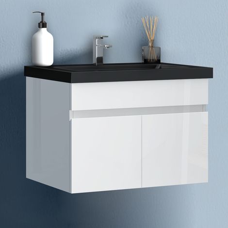 Waschtisch mit Unterschrank 60cm Badmöbel Set mit Waschbecken Schwarz Gäste WC Hochglänzend Weiß (1/5)