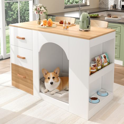 Isla de cocina 120 x 60 x 90 cm de MDF blanco y madera, con almacenaje, FloraGrace (1/5)