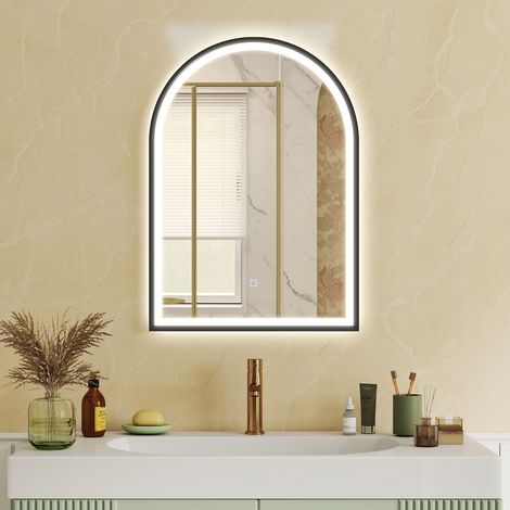 Miroir LED 50x70 cm noir, arqué, anti-buée, 3 couleurs, dimmable avec mémoire, éclairage parfait, design moderne (1/5)
