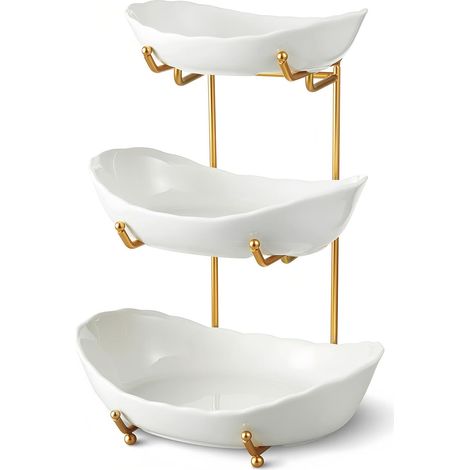 Corbeille à fruits en céramique à 3 niveaux JeiibrZui - 26,7 x 19,1 x 36,8 cm - 3 compartiments + support en métal doré - Idéale pour le plan de travail, les desserts et les en-cas (1/5)