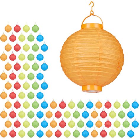 100 x LED Lampions bunt, batteriebetrieben, Lampion Set für Draußen & Drinnen, zum Aufhängen, Papierlaterne Ø 20cm, farbig