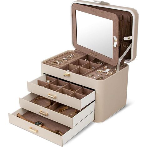Schmuckkästchen mit Spiegel und Schloss, 4 Ebenen, Beige (1/5)