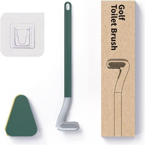 Cepillo de baño de golf, cepillo de baño de silicona, juego de inodoro de silicona con mango largo, apertura automática y base a prueba de fugas (verde con base). (1/5)