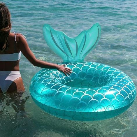 Aufblasbare Boje, strapazierfähige runde aufblasbare Boje mit Griff, Luftmatratze, aufblasbare Poolflöße, schwimmender Poolring, Ring in Erwachsenengröße (Seeblauer Fischschwanz) (1/4)