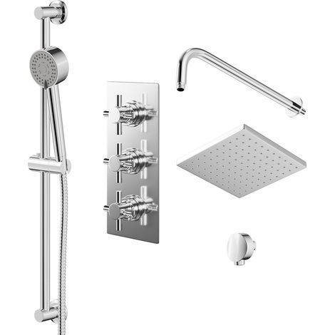 Cross Polished Chrome Triple Thermostatic Valve Mixer Shower with Square Fixed Head and Tyne Shower Slide Rail Kit - 2 Outlet (1/5)