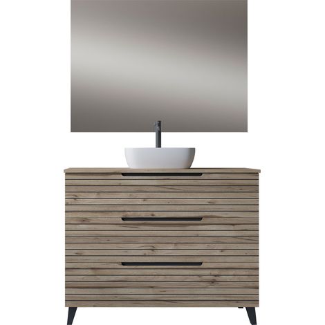Kibath Mueble de baño con Lavabo, Espejo y Aplique LED KEN 80x45 cm acabado DESIERTO mate 3 cajones con patas (1/5)