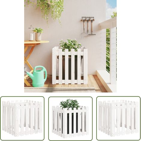 The Living Store Pflanzkübel Lattenzaun-Design Weiß 60x60x60cm Massivholz Kiefer - Holzpflanze - Blumenerde - Kübeln - Gartendekoration - Balkonpflanzen (1/5)
