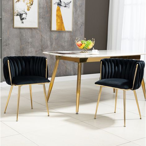 Lot de 2 chaises de salle à manger en velours noir, pieds métal doré, dossier tressé (1/5)