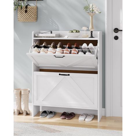 Meuble à chaussures étroit avec 2 tiroirs abattants – Rangement dissimulé pour entrée, couloir ou chambre – Design fin sur pieds en métal – blanc (1/5)