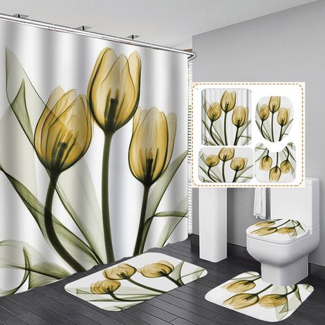 Set rideau de douche polyester imperméable motif tulipe jaune avec tapis de bain assorti