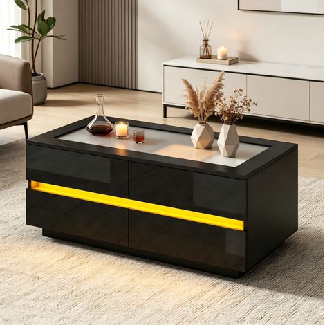 Tavolino da caffè 100x50x40 cm con 4 cassetti a LED, piano in vetro temperato, struttura a pannelli stabile - nero (1/5)