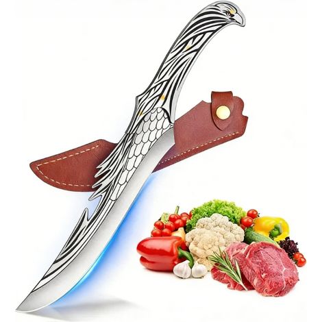 Couteau de chef unique de 8 pouces à tête d'aigle — Lame en acier à haute teneur en carbone de style viking (Étui inclus)  Couteau polyvalent pour BBQ, trancheur à viande et indispensable de cuisine (1/5)