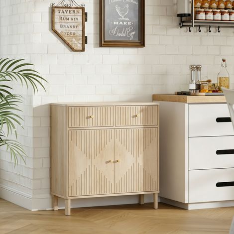 Buffet, meuble de rangement cannelé avec plateau effet marbre, 2 tiroirs, 2 portes, étagère réglable, 77x30x80cm, chêne (1/5)