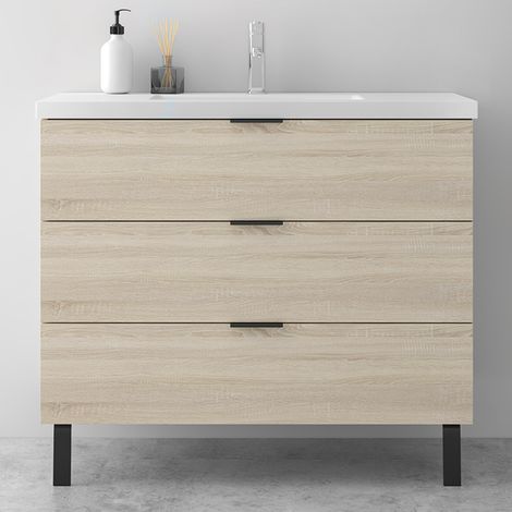 AICA Meuble de Salle de Bain 100cm avec Pieds, simple vasque, 3 tiroirs, Chêne, Style Moderne (1/5)