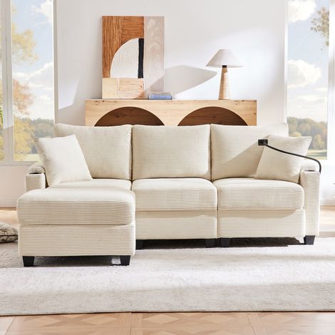 Canapé d'angle en L - 3 places - Avec repose-pieds + porte-gobelet - Chargeur USB - 2 coussins - Beige