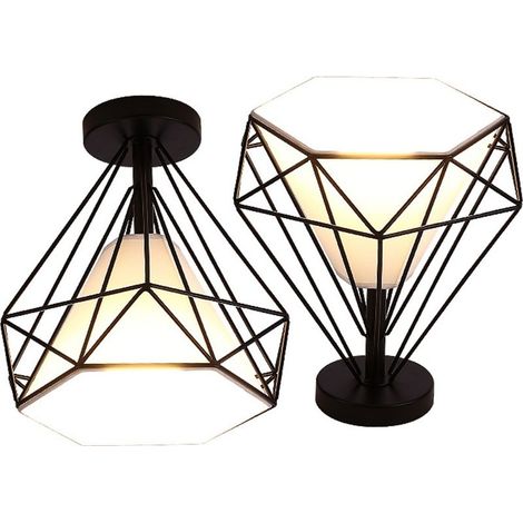 2X Lampe À Suspension Rétro Vintage En Forme De Diamant 25CM (Noir) Plafonnier Industriel En Métal Et Fer E27 Pour Restaurant Et Café (1/5)