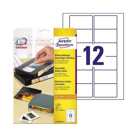 Avery Zweckform L4742REV-25 Etiketten für VHS-Videokassetten, A4, 78,7 x 46,6 mm, 25 Bogen/300 Etiketten, weiß (1/5)