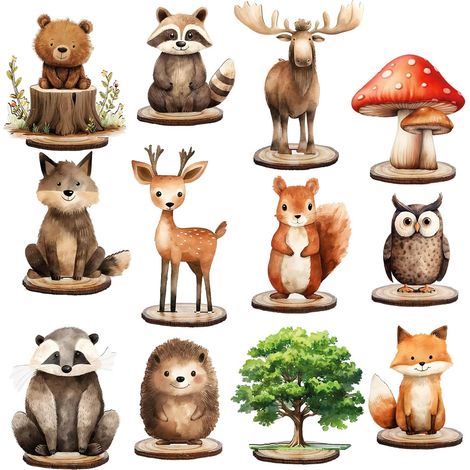 12 Pièces Animaux De La Forêt en Bois Plaque De Table Adorable Créatures Forestières Découpes en Bois avec Support Plateau À Plusieurs Niveaux Décoration pour (1/5)