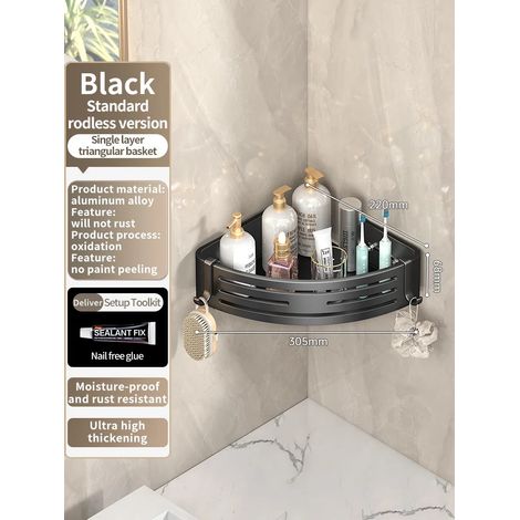 (JS68 triangle noir) Étagère murale en aluminium pour salle de bain, porte-shampoing, rangement et organisateur de cuisine, sans perçage. Installation facile. (1/5)