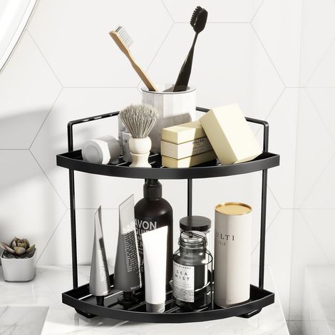Étagère d’Angle de Salle de Bain à 2 Niveaux Noir et Or - Organisateur de Comptoir pour Produits de Beauté et Accessoires, Design Moderne avec Structure en Métal Doré