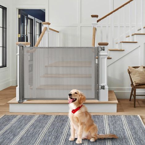 Barrière de Sécurité Rétractable pour Bébés et Chiens Extensible et Enroulable 180cm Gris (1/5)