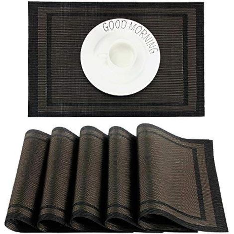 Set de table PVC antidérapant, lavable, résistant à la chaleur, 45x30 cm, lot de 6 (noir + or). (1/5)